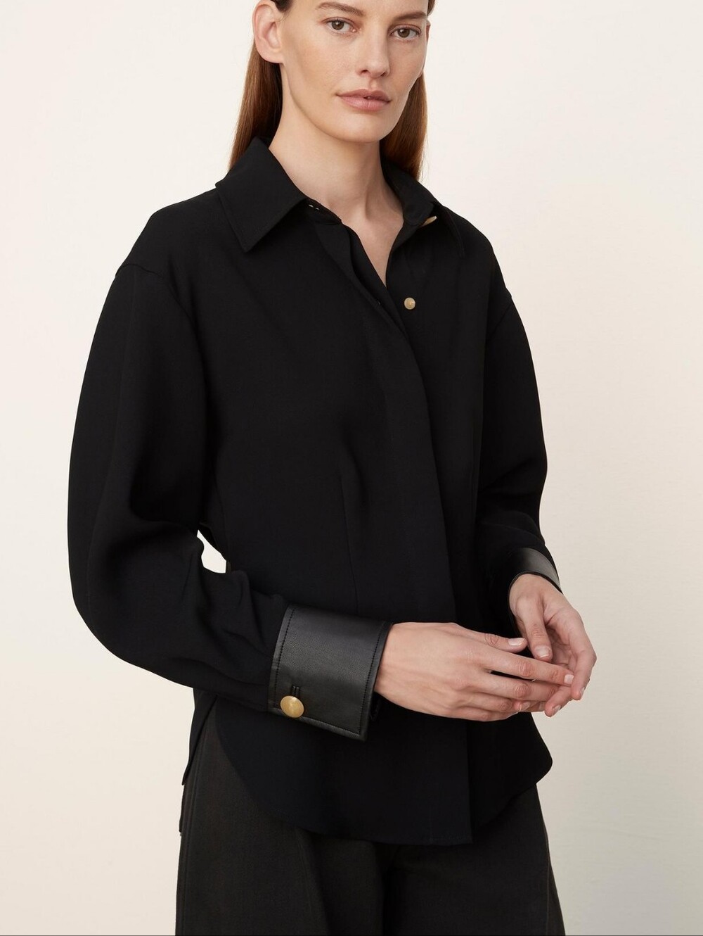 Vince Black Shaped Faux Leather Cuff Button Down Long Skeeve Shirt Blouse XL
